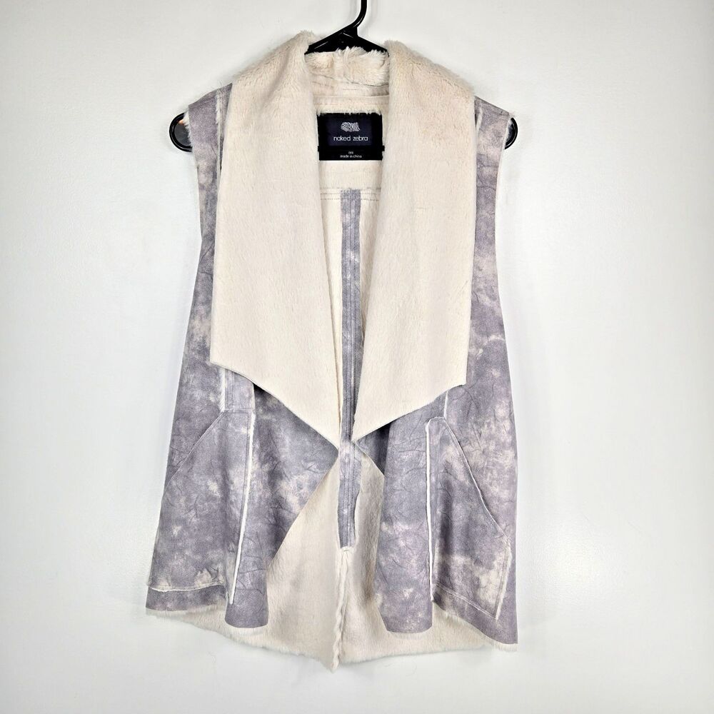 Naked Zebra Women's Size Medium Gray Marbled Cascading Faux Fur Vest‎